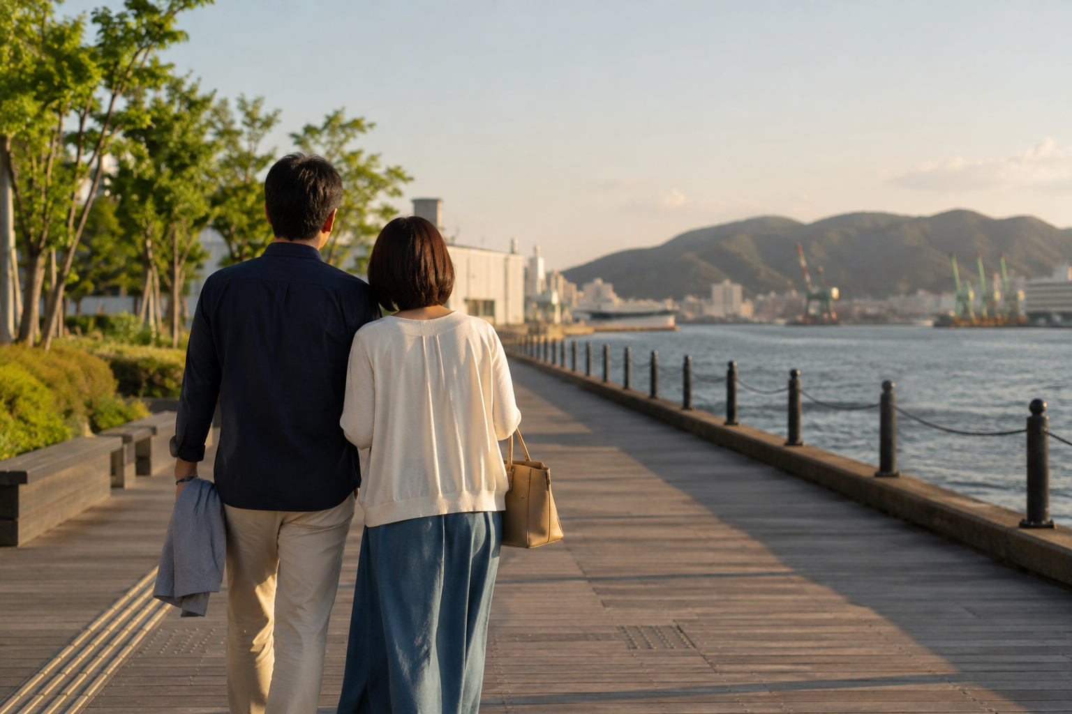 海辺を一緒に歩く夫婦の後ろ姿のイメージ
